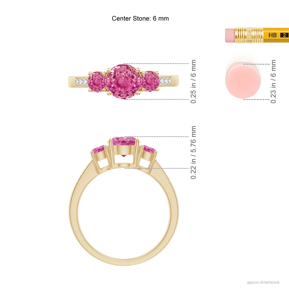 6mm AAA Three Stone Round Pink Sapphire Ring with Diamond Accents in Yellow Gold ruler