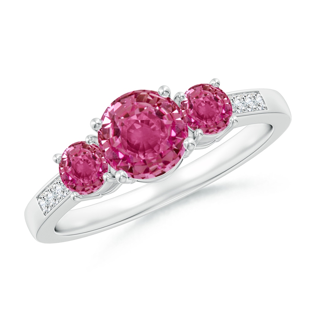 6mm AAAA Three Stone Round Pink Sapphire Ring with Diamond Accents in White Gold