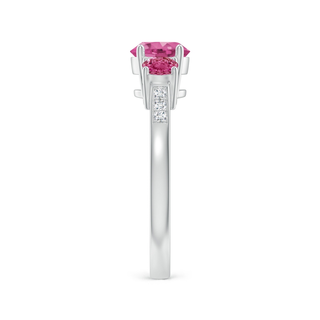 6mm AAAA Three Stone Round Pink Sapphire Ring with Diamond Accents in White Gold Side-2