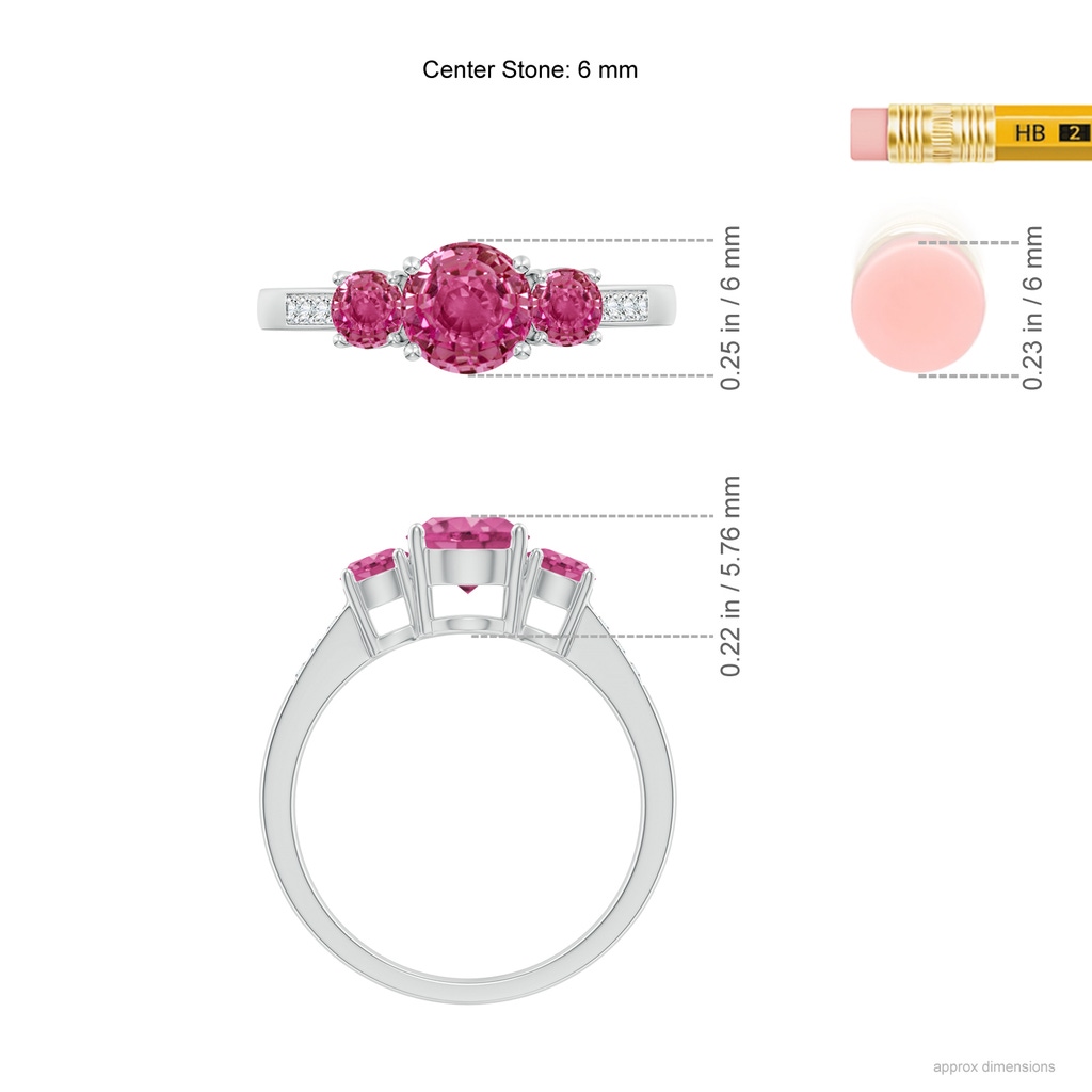 6mm AAAA Three Stone Round Pink Sapphire Ring with Diamond Accents in White Gold Ruler