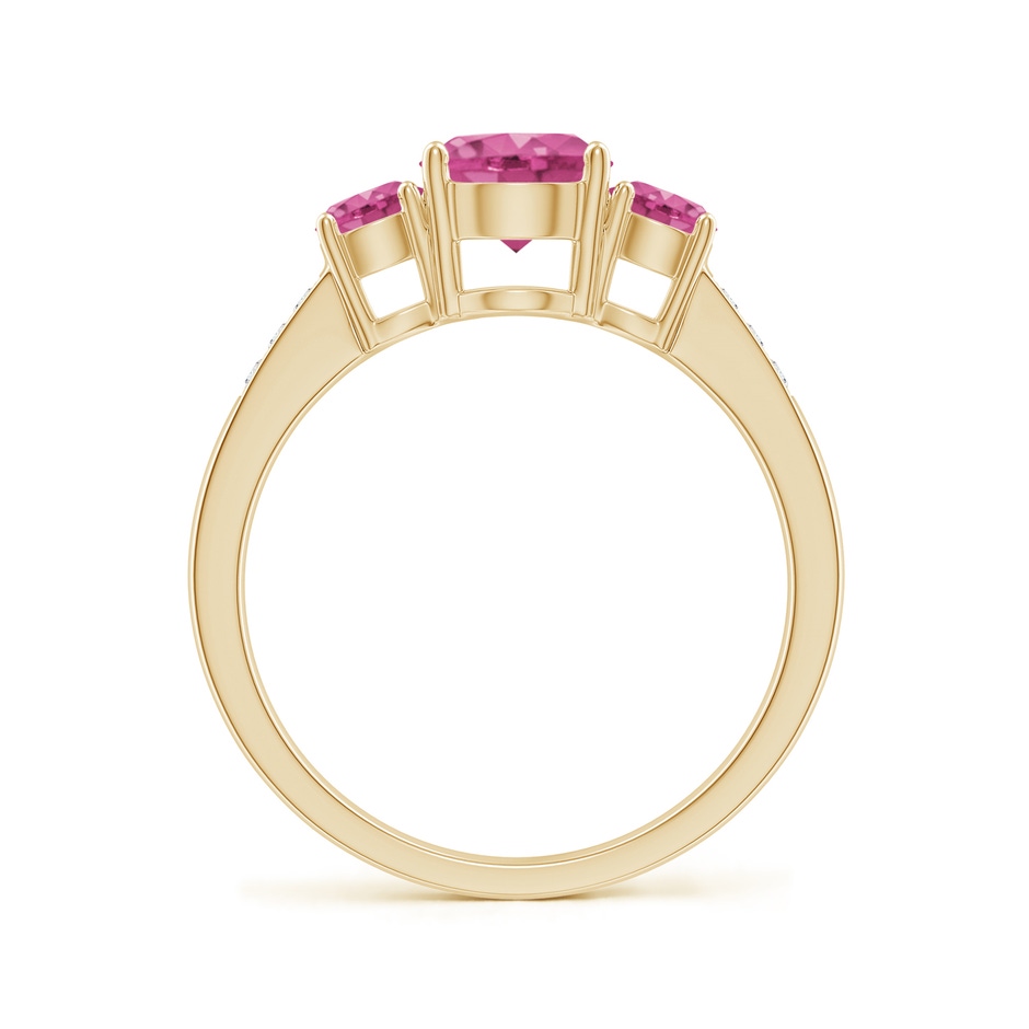 6mm AAAA Three Stone Round Pink Sapphire Ring with Diamond Accents in Yellow Gold side-1