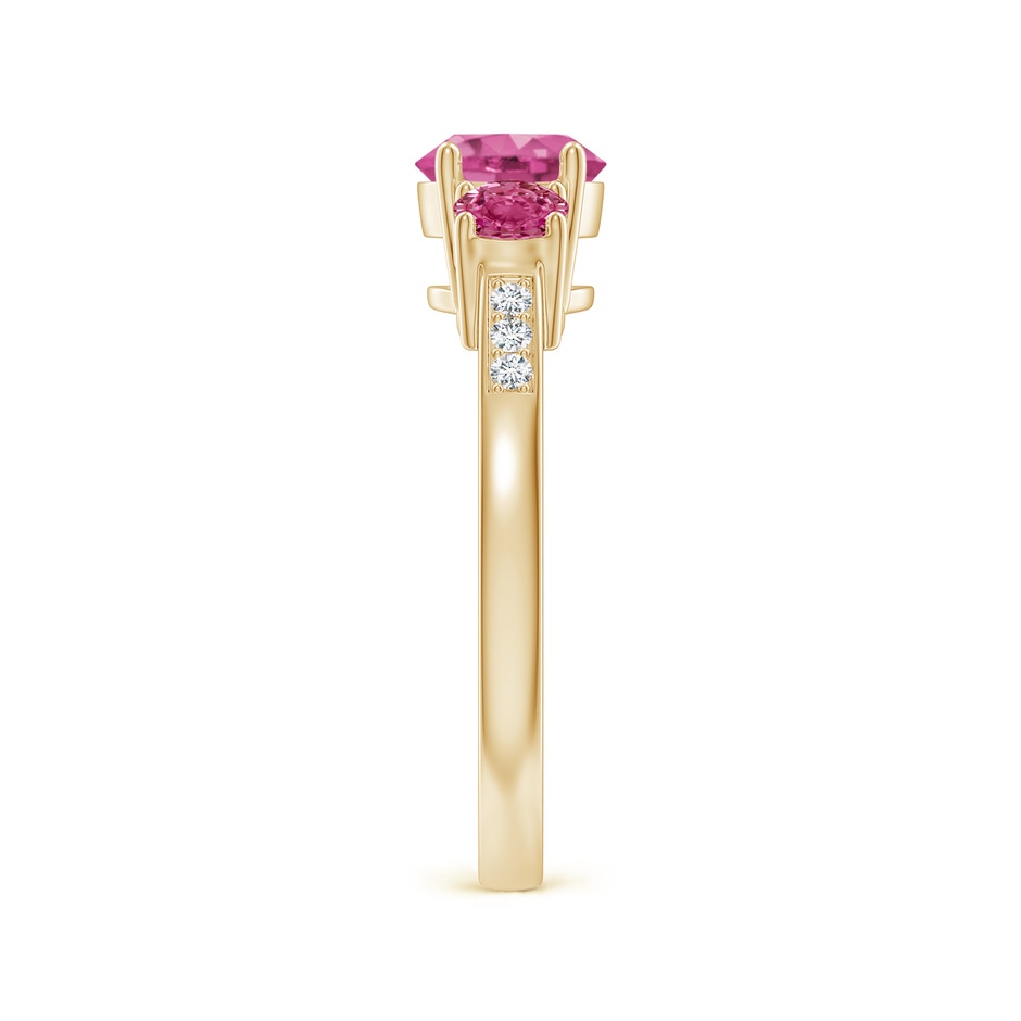 6mm AAAA Three Stone Round Pink Sapphire Ring with Diamond Accents in Yellow Gold side-2
