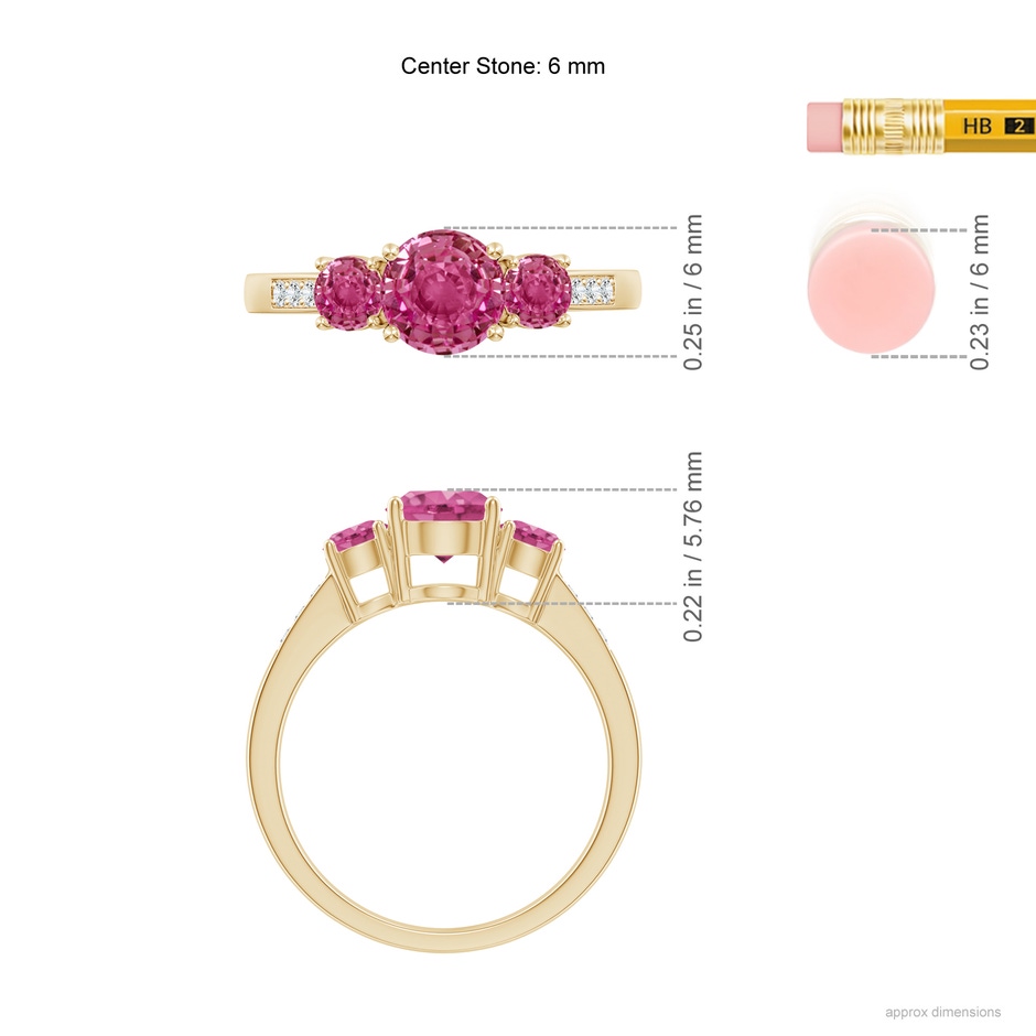 6mm AAAA Three Stone Round Pink Sapphire Ring with Diamond Accents in Yellow Gold ruler