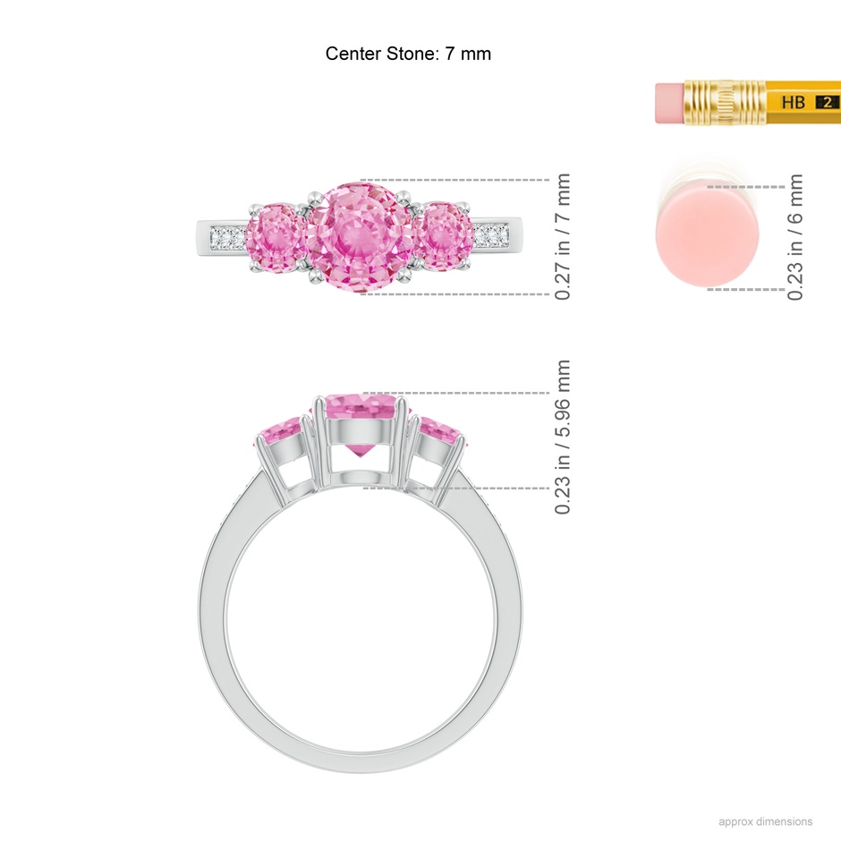 7mm A Three Stone Round Pink Sapphire Ring with Diamond Accents in P950 Platinum ruler