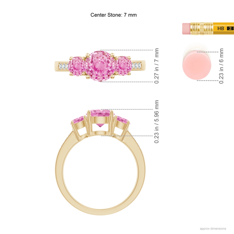 7mm A Three Stone Round Pink Sapphire Ring with Diamond Accents in Yellow Gold ruler