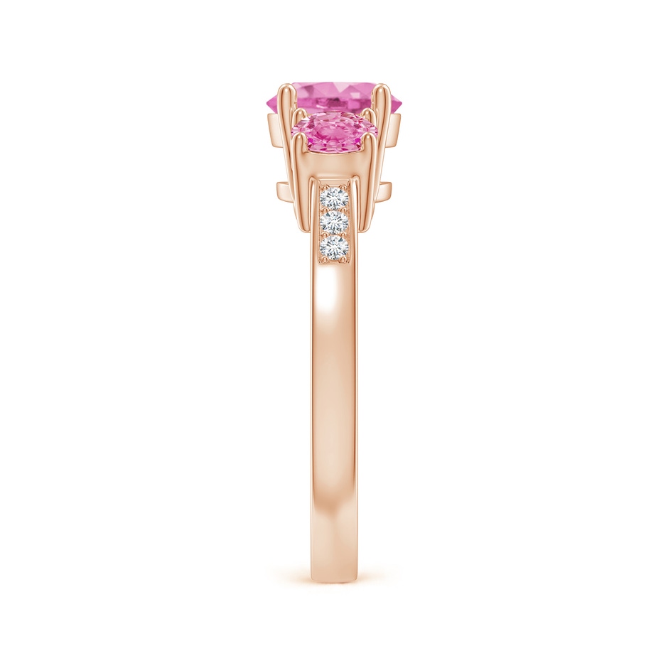 7mm AA Three Stone Round Pink Sapphire Ring with Diamond Accents in Rose Gold side-2