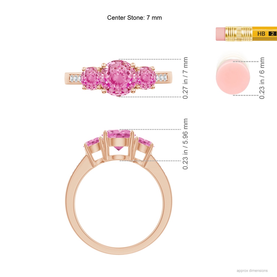 7mm AA Three Stone Round Pink Sapphire Ring with Diamond Accents in Rose Gold ruler