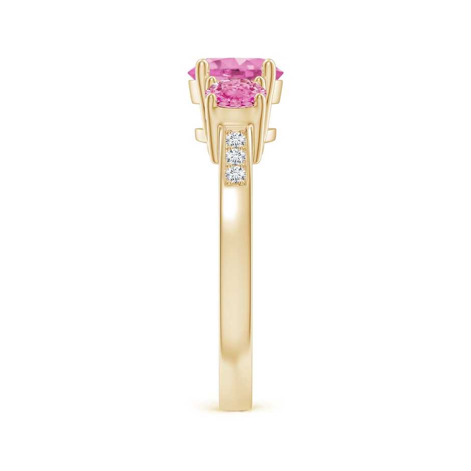 7mm AA Three Stone Round Pink Sapphire Ring with Diamond Accents in Yellow Gold side-2