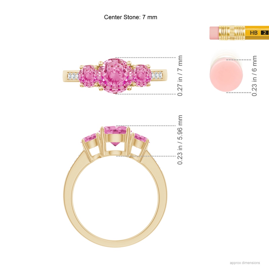 7mm AA Three Stone Round Pink Sapphire Ring with Diamond Accents in Yellow Gold ruler