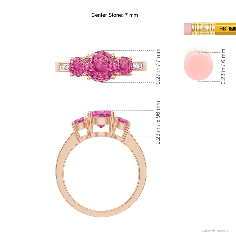 7mm AAA Three Stone Round Pink Sapphire Ring with Diamond Accents in Rose Gold ruler