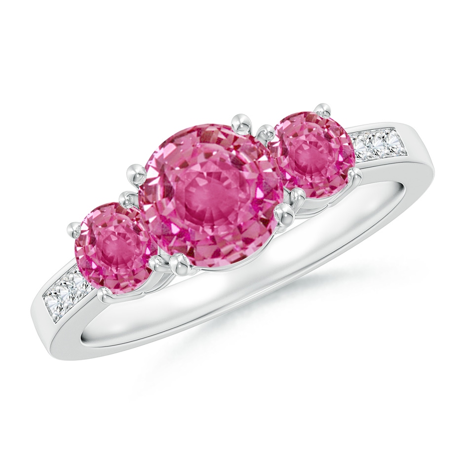 7mm AAA Three Stone Round Pink Sapphire Ring with Diamond Accents in White Gold 