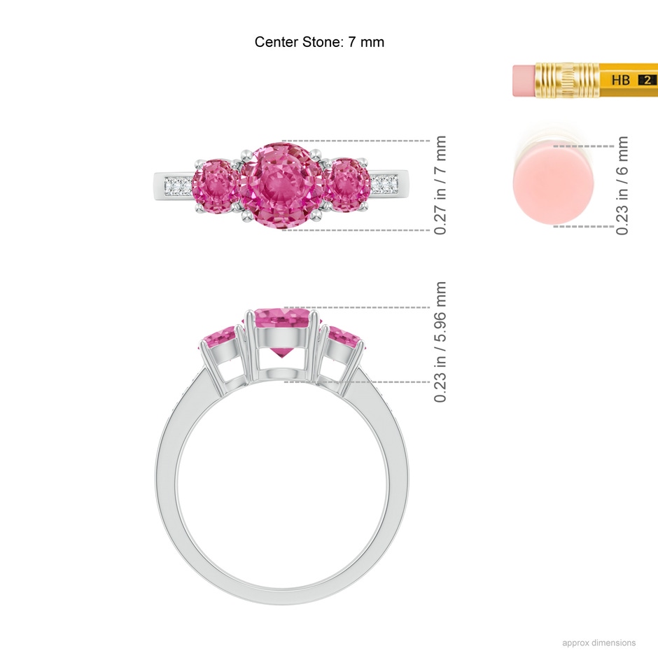 7mm AAA Three Stone Round Pink Sapphire Ring with Diamond Accents in White Gold ruler