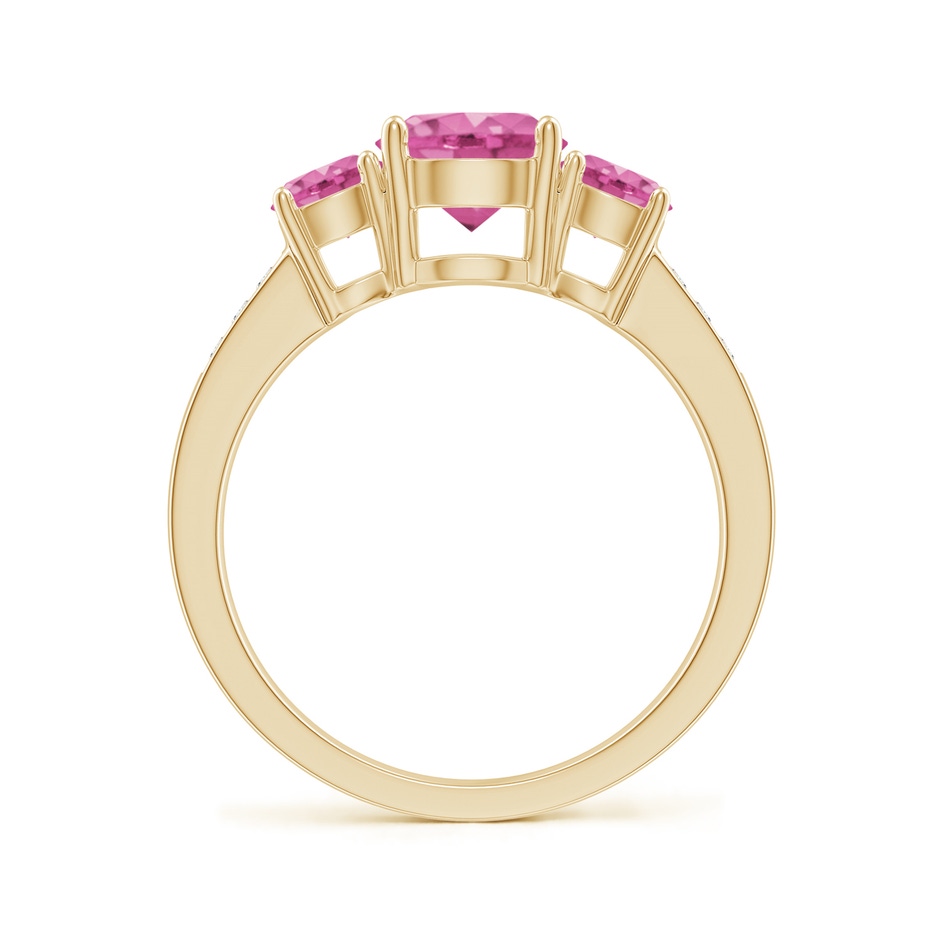 7mm AAA Three Stone Round Pink Sapphire Ring with Diamond Accents in Yellow Gold side-1