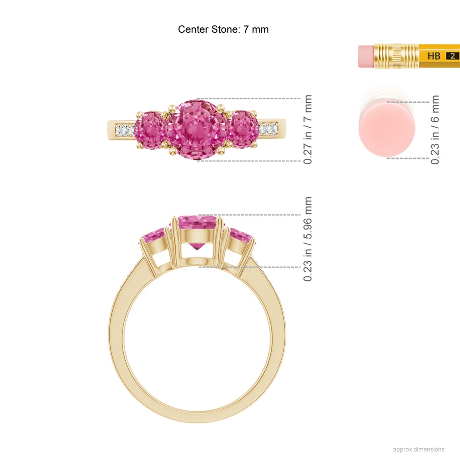 7mm AAA Three Stone Round Pink Sapphire Ring with Diamond Accents in Yellow Gold ruler