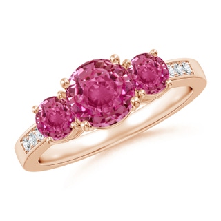 7mm AAAA Three Stone Round Pink Sapphire Ring with Diamond Accents in Rose Gold