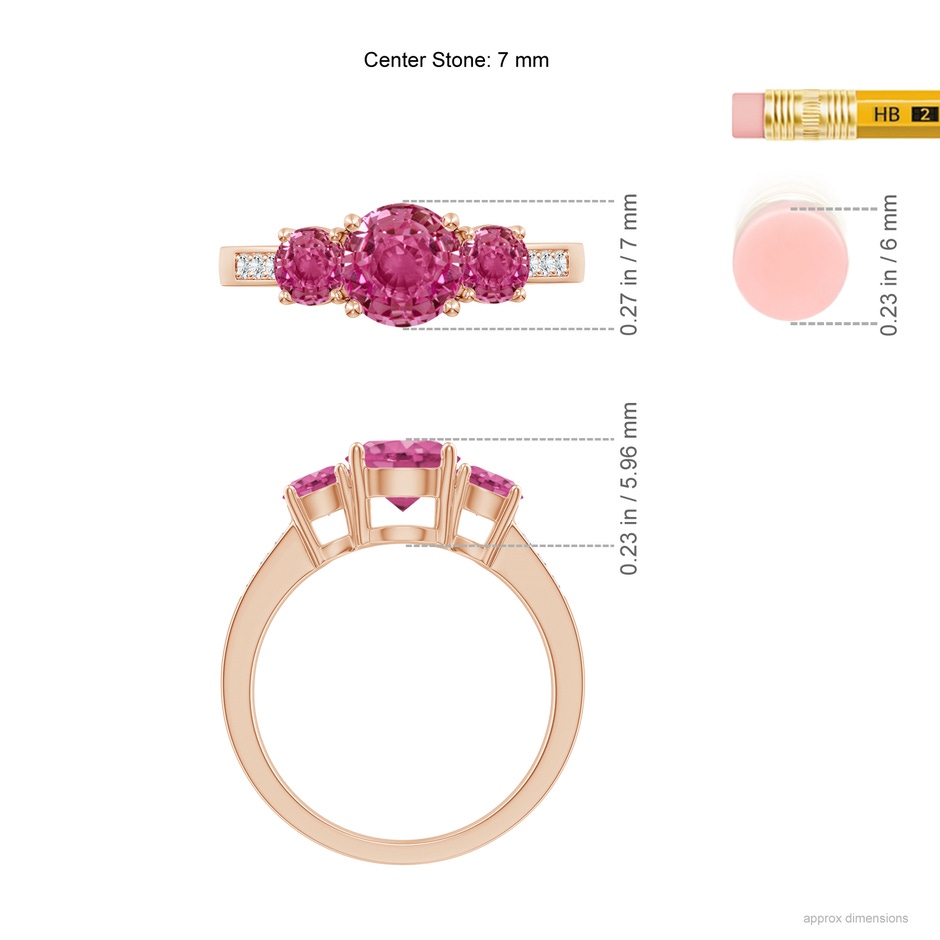7mm AAAA Three Stone Round Pink Sapphire Ring with Diamond Accents in Rose Gold ruler