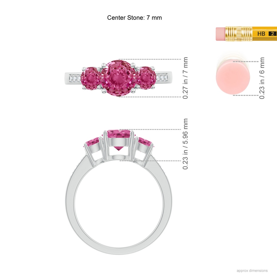 7mm AAAA Three Stone Round Pink Sapphire Ring with Diamond Accents in White Gold ruler