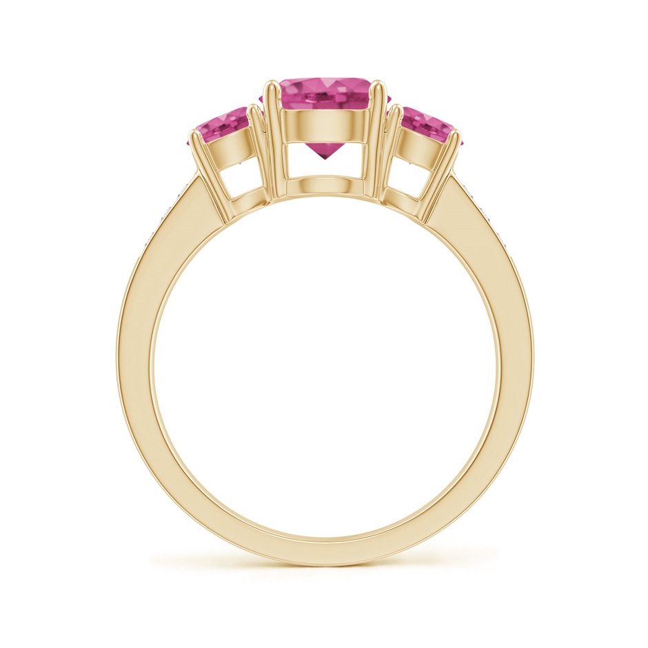 7mm AAAA Three Stone Round Pink Sapphire Ring with Diamond Accents in Yellow Gold side-1