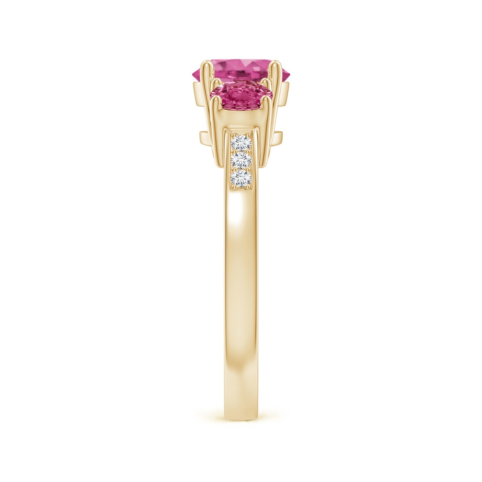 7mm AAAA Three Stone Round Pink Sapphire Ring with Diamond Accents in Yellow Gold side-2