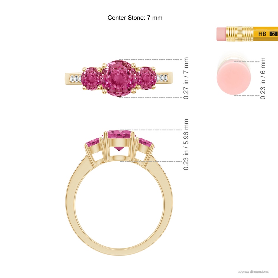 7mm AAAA Three Stone Round Pink Sapphire Ring with Diamond Accents in Yellow Gold ruler