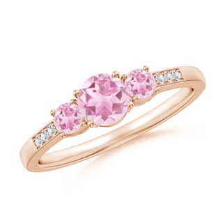 5mm A Three Stone Round Pink Tourmaline Ring with Diamond Accents in 10K Rose Gold