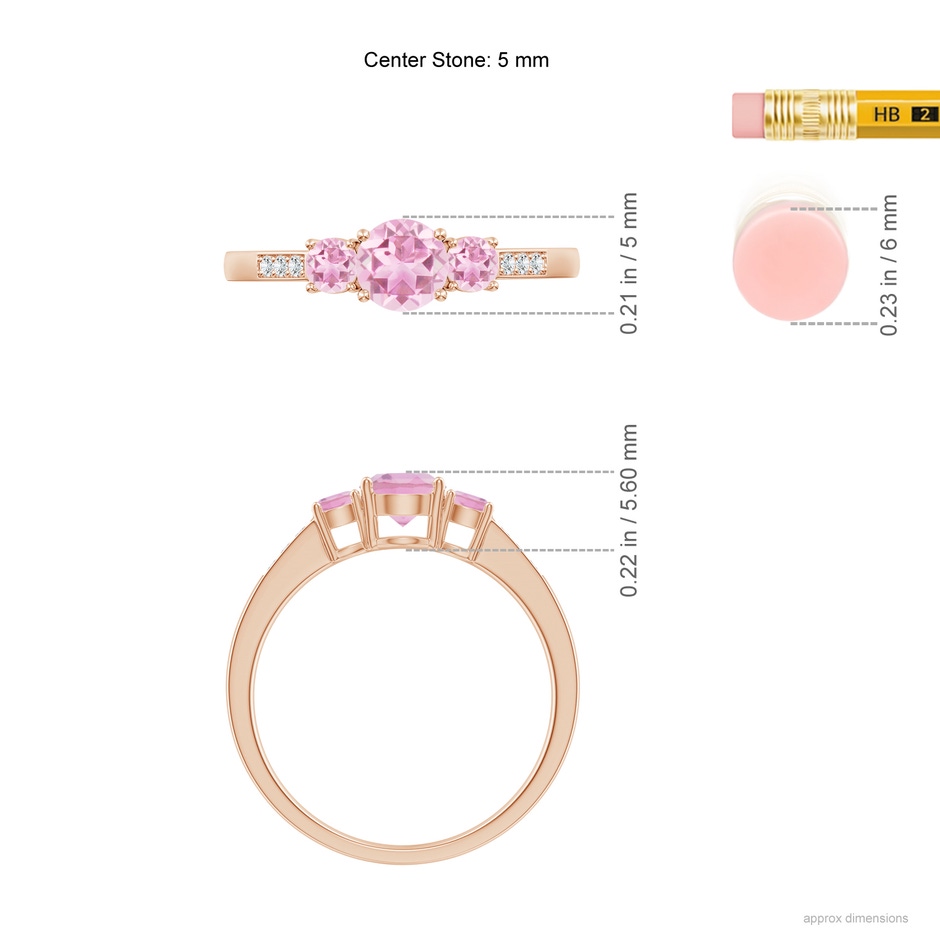 5mm A Three Stone Round Pink Tourmaline Ring with Diamond Accents in Rose Gold ruler
