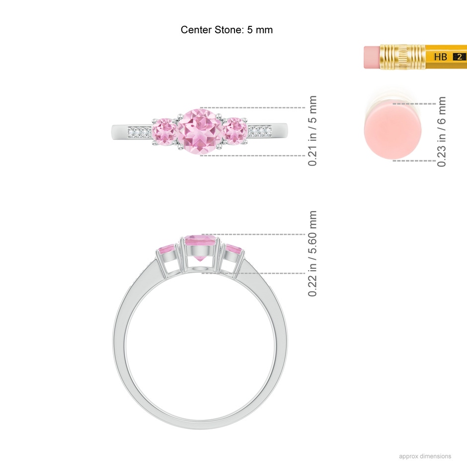 5mm A Three Stone Round Pink Tourmaline Ring with Diamond Accents in White Gold ruler