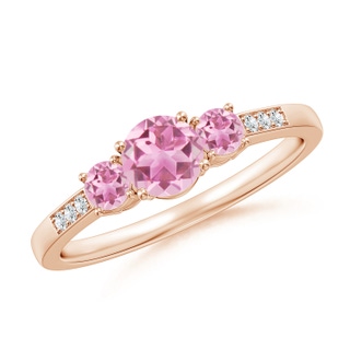 5mm AA Three Stone Round Pink Tourmaline Ring with Diamond Accents in 10K Rose Gold