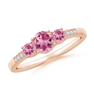 5mm AAA Three Stone Round Pink Tourmaline Ring with Diamond Accents in 10K Rose Gold