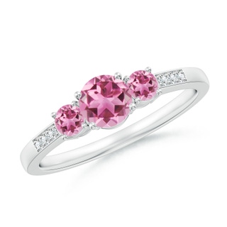 5mm AAA Three Stone Round Pink Tourmaline Ring with Diamond Accents in White Gold