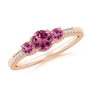 5mm AAAA Three Stone Round Pink Tourmaline Ring with Diamond Accents in 10K Rose Gold