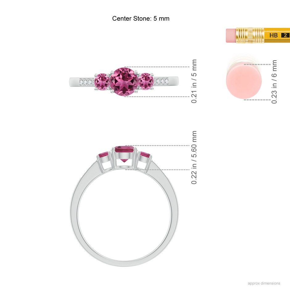 5mm AAAA Three Stone Round Pink Tourmaline Ring with Diamond Accents in P950 Platinum ruler