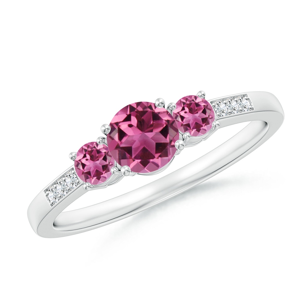 5mm AAAA Three Stone Round Pink Tourmaline Ring with Diamond Accents in White Gold