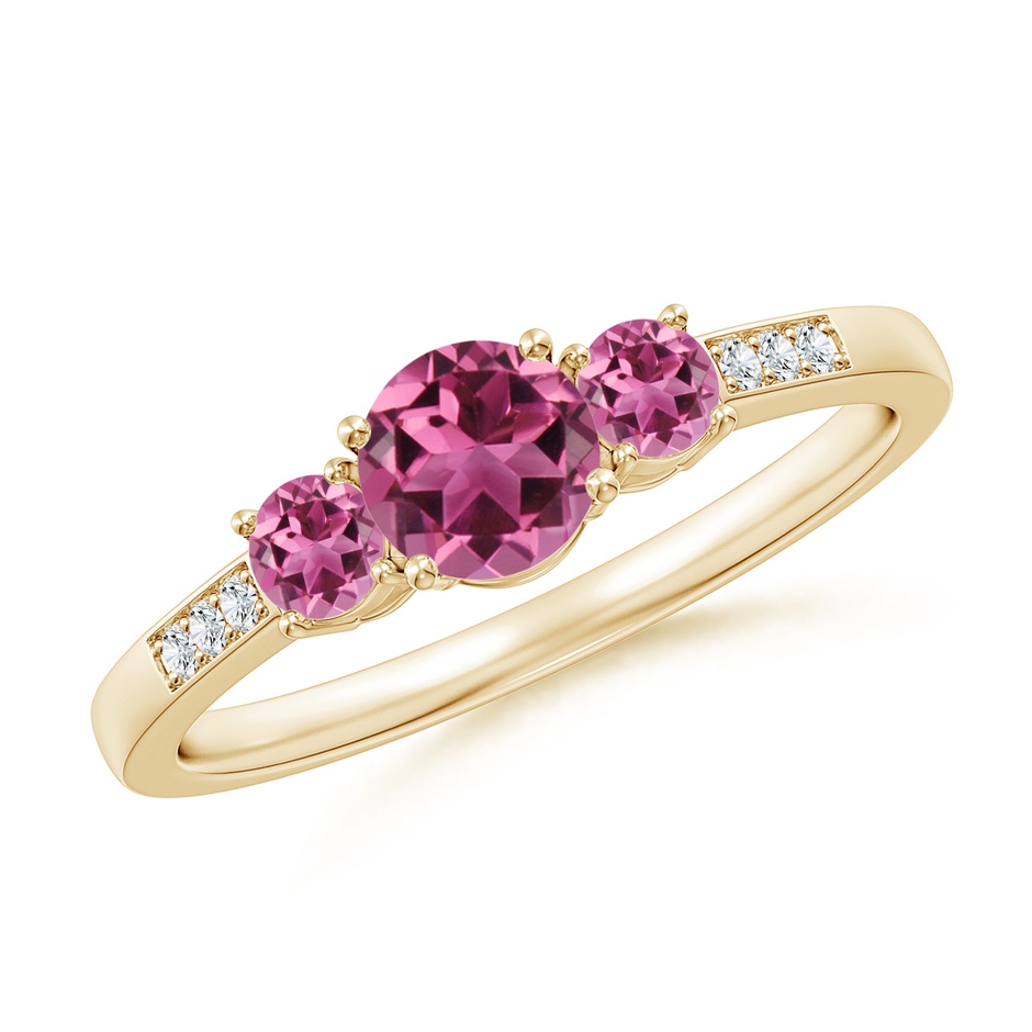 5mm AAAA Three Stone Round Pink Tourmaline Ring with Diamond Accents in Yellow Gold 