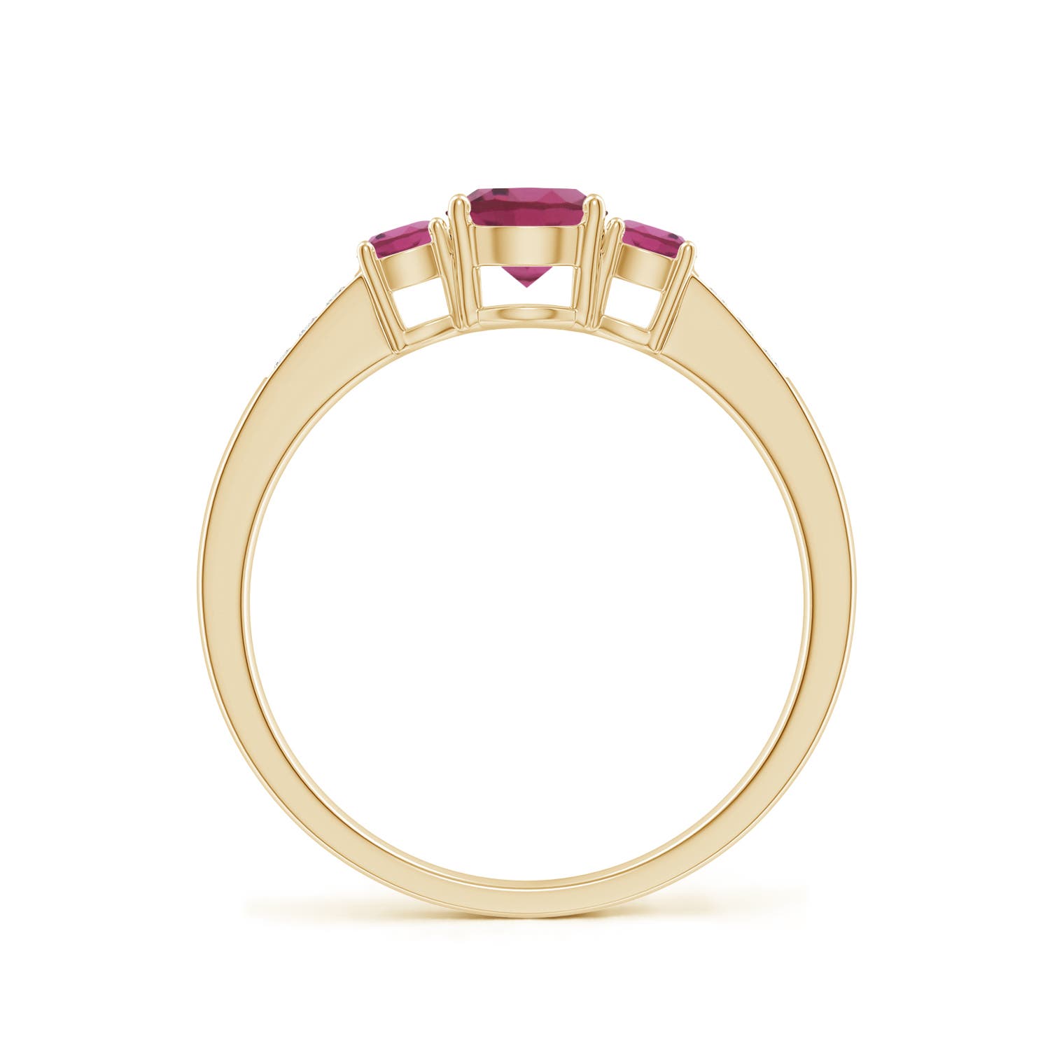 5mm AAAA Three Stone Round Pink Tourmaline Ring with Diamond Accents in Yellow Gold - side 2