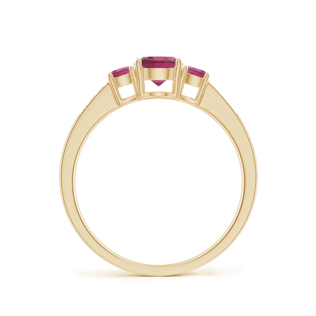 5mm AAAA Three Stone Round Pink Tourmaline Ring with Diamond Accents in Yellow Gold - side 199