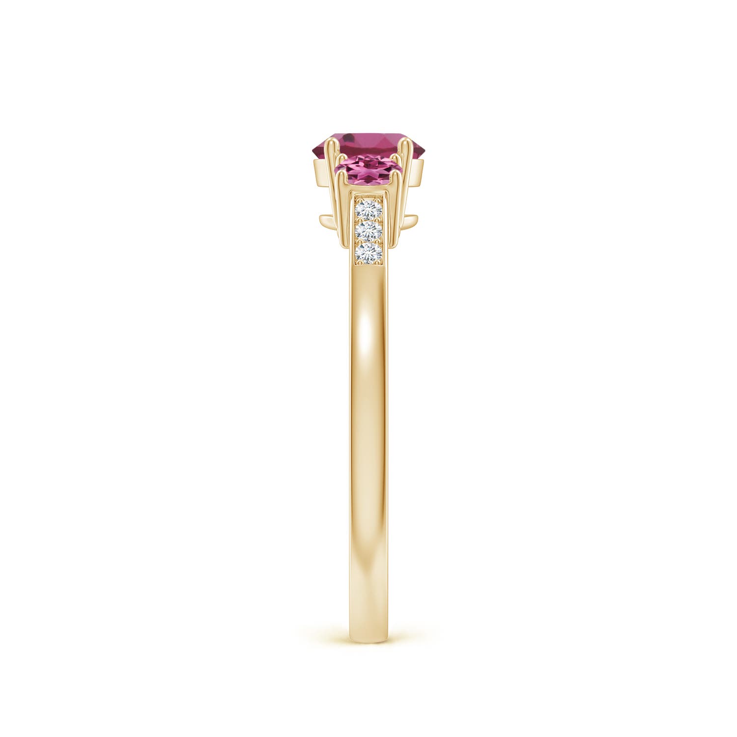 5mm AAAA Three Stone Round Pink Tourmaline Ring with Diamond Accents in Yellow Gold - side 3