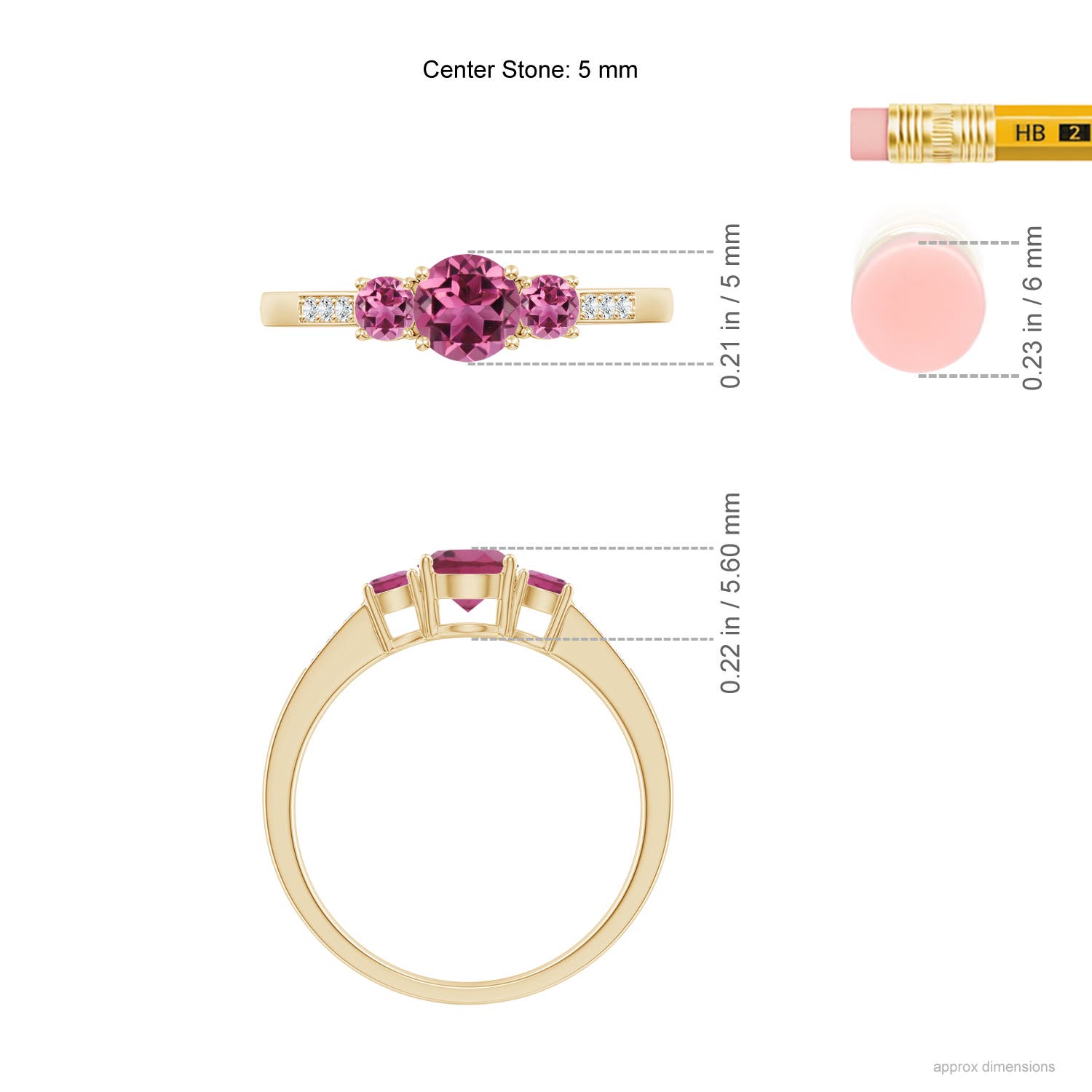 5mm AAAA Three Stone Round Pink Tourmaline Ring with Diamond Accents in Yellow Gold - ruler