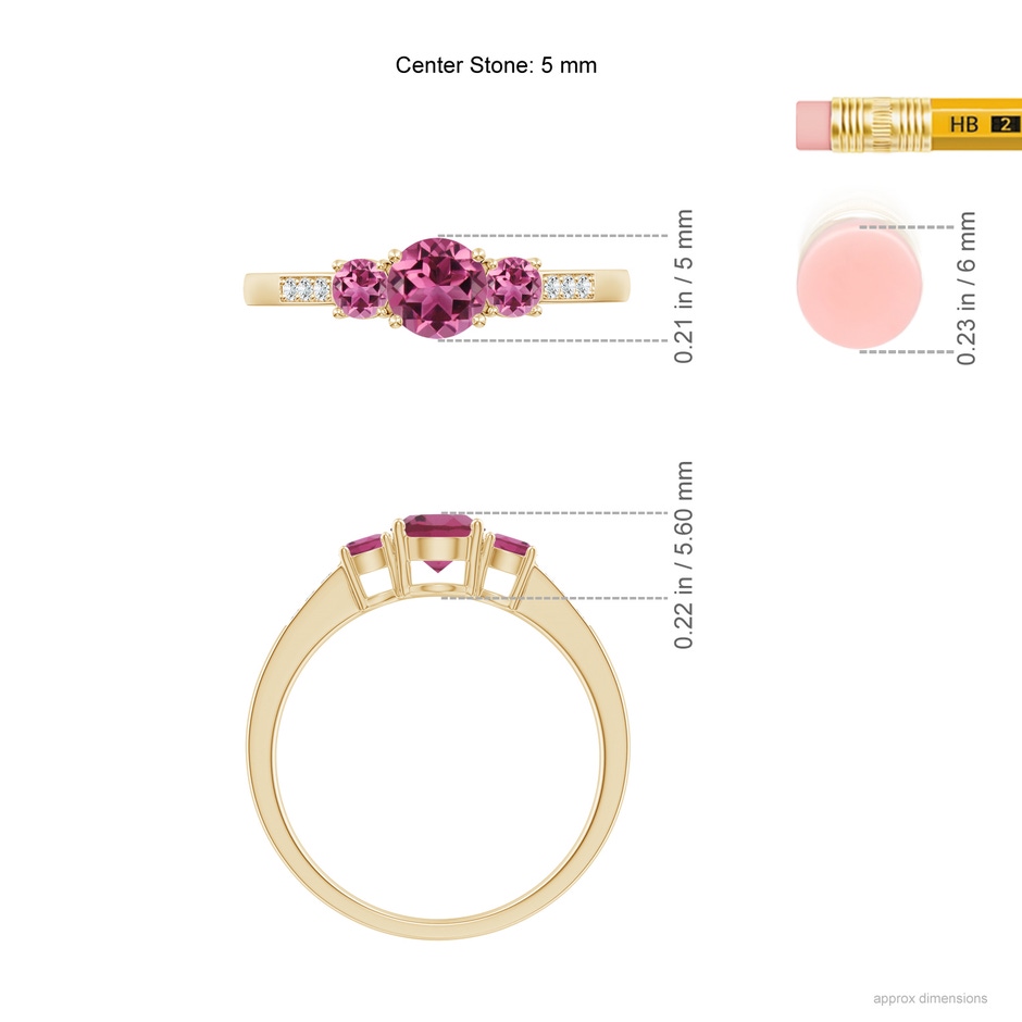 5mm AAAA Three Stone Round Pink Tourmaline Ring with Diamond Accents in Yellow Gold ruler