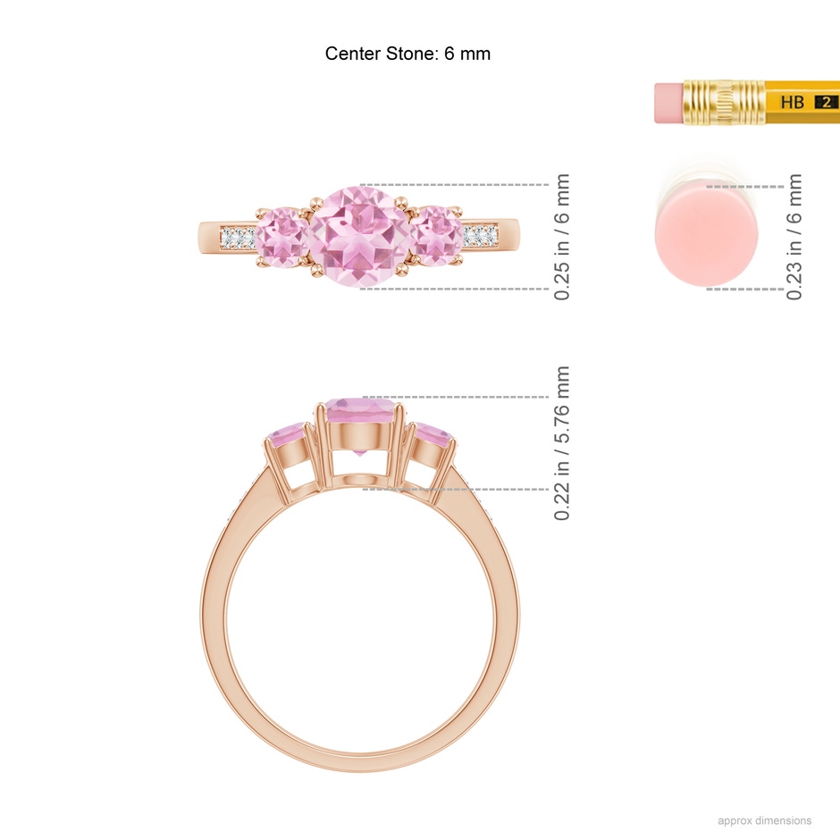 6mm A Three Stone Round Pink Tourmaline Ring with Diamond Accents in Rose Gold ruler