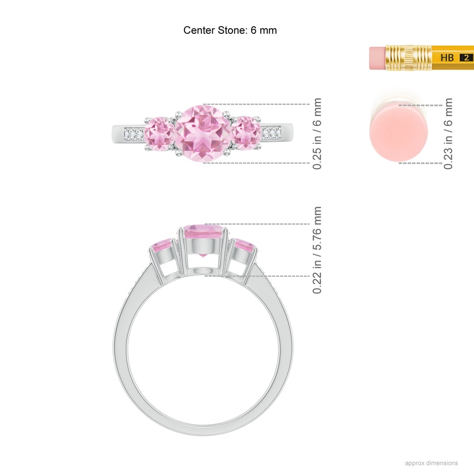 6mm A Three Stone Round Pink Tourmaline Ring with Diamond Accents in White Gold ruler