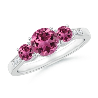 6mm AAAA Three Stone Round Pink Tourmaline Ring with Diamond Accents in P950 Platinum