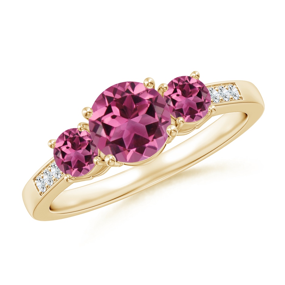 6mm AAAA Three Stone Round Pink Tourmaline Ring with Diamond Accents in Yellow Gold 