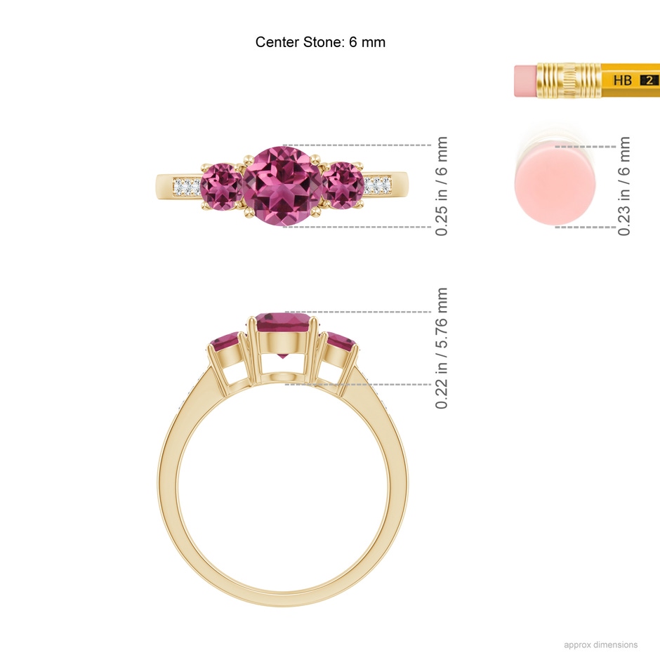 6mm AAAA Three Stone Round Pink Tourmaline Ring with Diamond Accents in Yellow Gold ruler