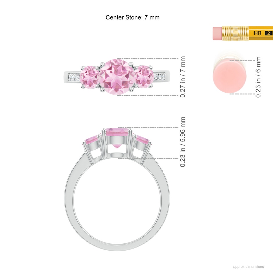 7mm A Three Stone Round Pink Tourmaline Ring with Diamond Accents in White Gold ruler