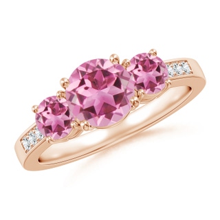 7mm AAA Three Stone Round Pink Tourmaline Ring with Diamond Accents in Rose Gold