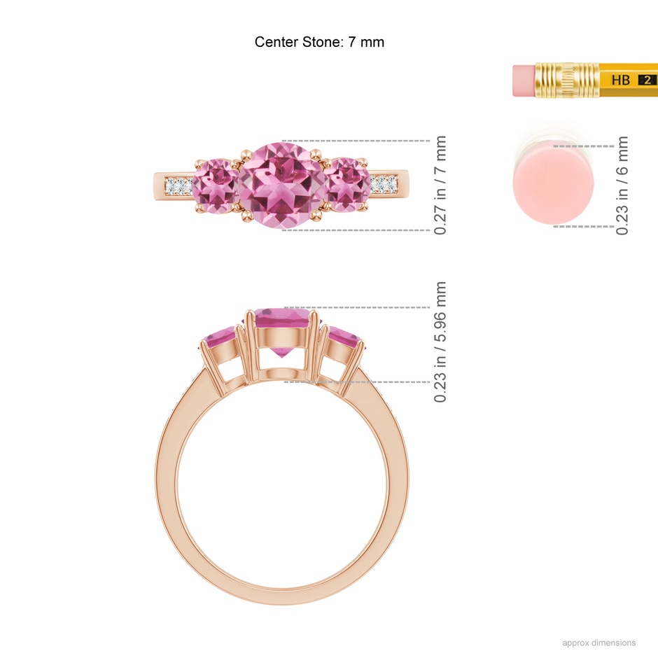 7mm AAA Three Stone Round Pink Tourmaline Ring with Diamond Accents in Rose Gold ruler