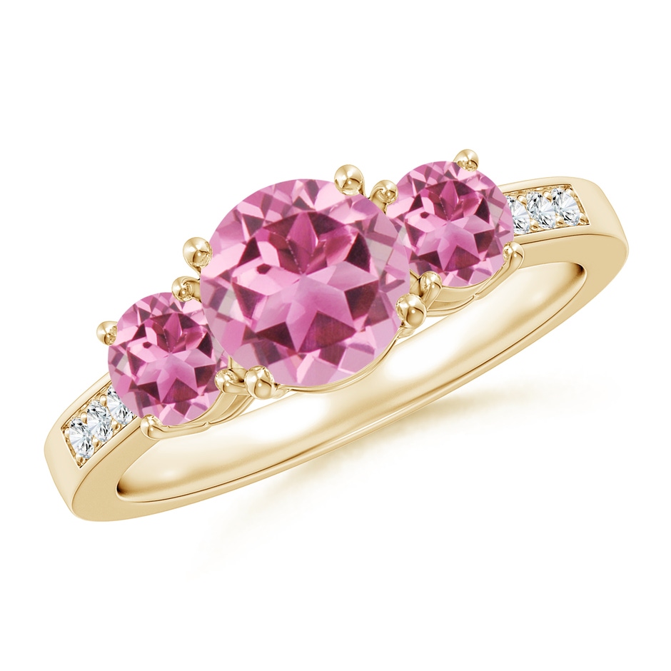 7mm AAA Three Stone Round Pink Tourmaline Ring with Diamond Accents in Yellow Gold 