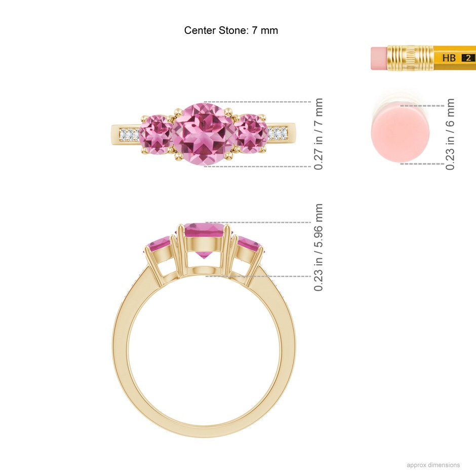 7mm AAA Three Stone Round Pink Tourmaline Ring with Diamond Accents in Yellow Gold ruler