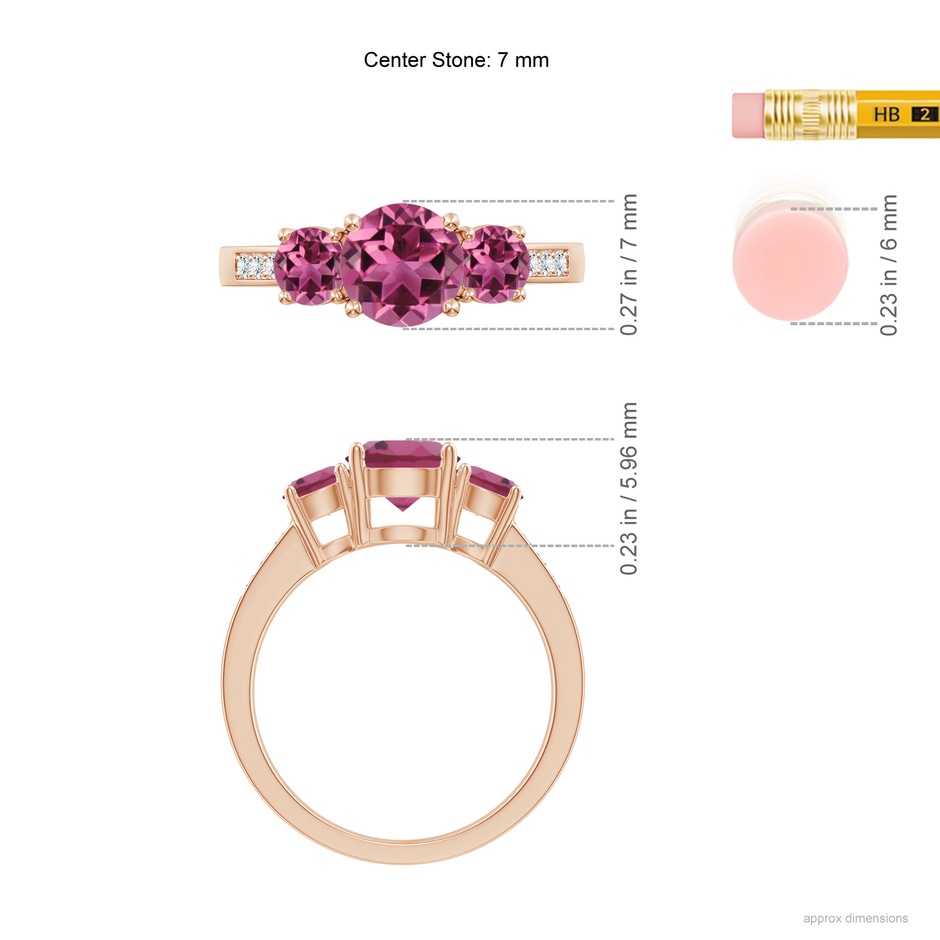 7mm AAAA Three Stone Round Pink Tourmaline Ring with Diamond Accents in Rose Gold ruler